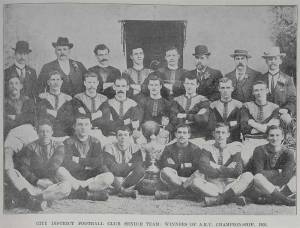 City District football club senior team, winners of the Auckland Rugby Union Championship 1900. - Sir George Grey Special Collections.