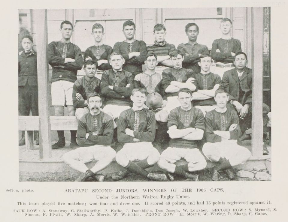 Aratapu Second Juniors - Winners 1905 Caps - Alexander back row on left - Sir George Grey Special Collections.