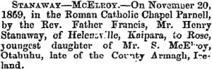 Marriage Notice - New Zealand Herald 21 January 1870.