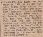 Rex's Death Notice - Colleen Stanaway Collection.